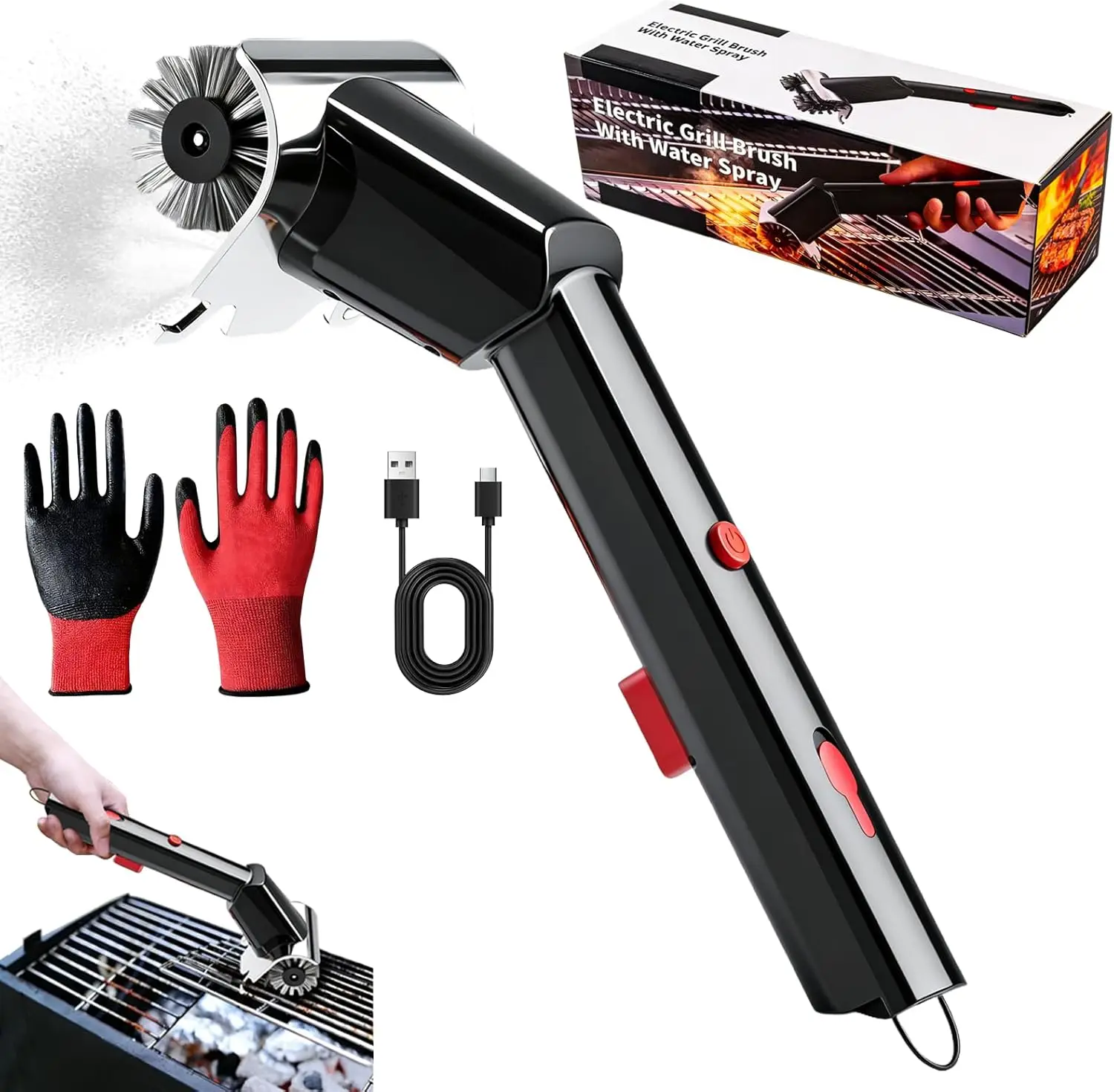 

Electric Grill Brush with Water Spray & LED Light, 2600mAh Rechargeable BBQ Cleaner with 2 Speed Modes, 100 Mins Runtime