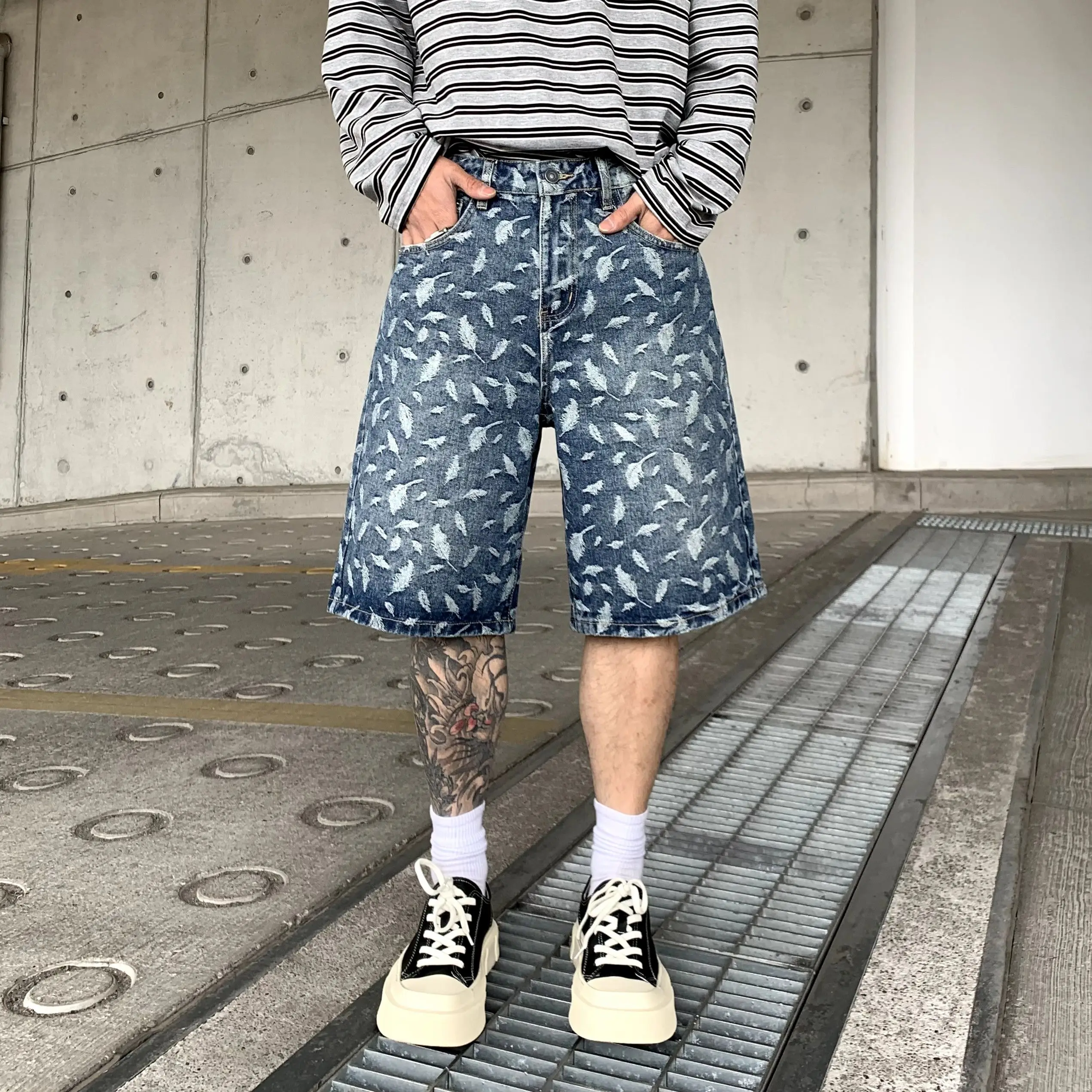 

Summer Latest Design Jacquard Denim Short For Men Leaves Pattern Straight Leg Jeans Pants Man