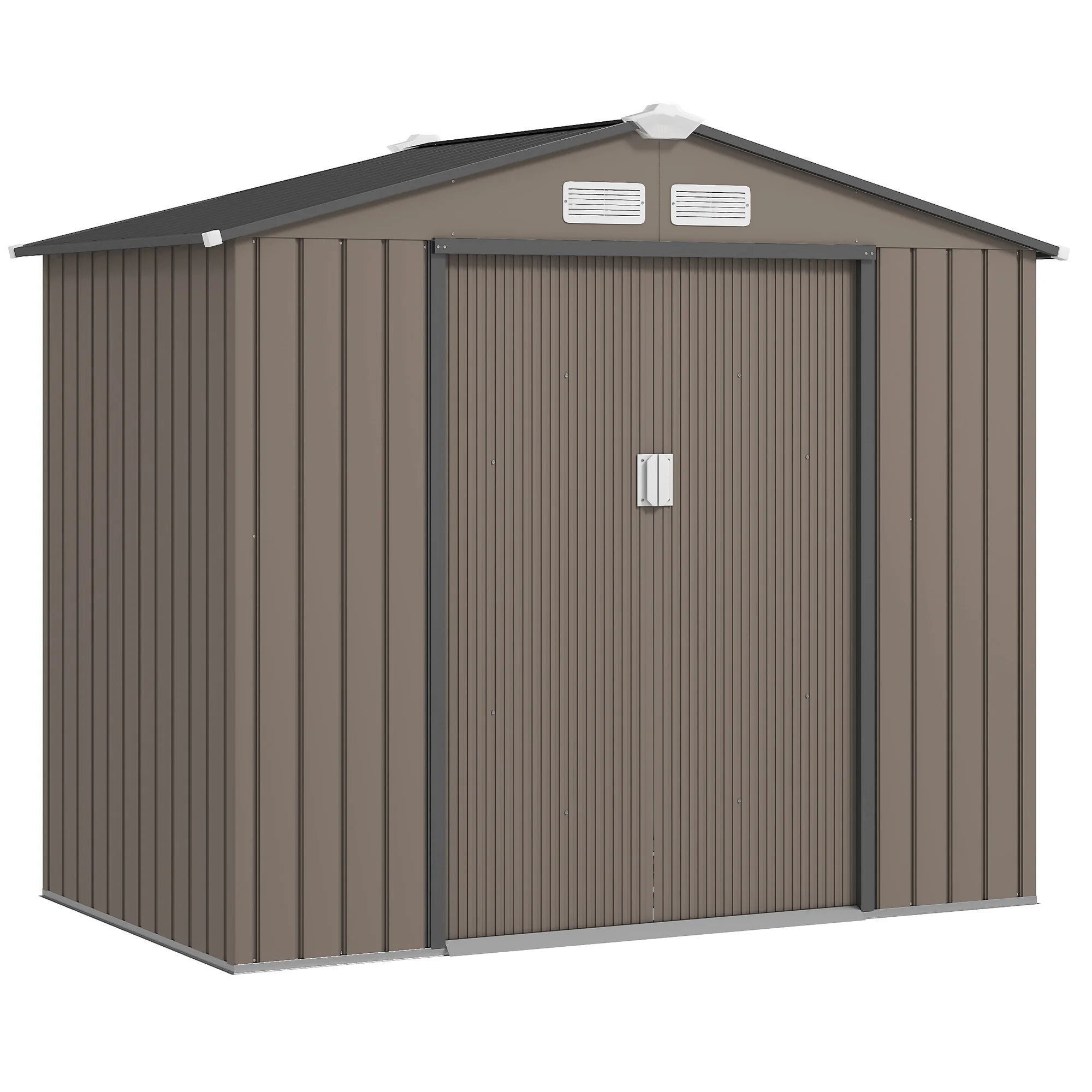 Caseta de jardín metálica Outsunny de 2,77 m², caseta de jardín de 213x185 cm, cabina de almacenamiento de herramientas con kit de base, puerta corredera con cerradura y 4 rejillas de ventilación - Marrón