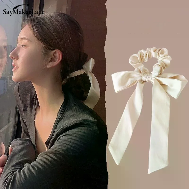 

Атласная резинка для волос с бантом, модная черная резинка-скранчи, аксессуар для волос