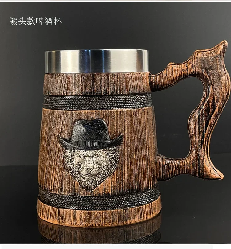 580ml 3D Stainless Steel Mug Lion Tiger Wooden Barrel Drinking Cup Resin Beer Stein Tankard Coffee Tea Cup Halloween Gift Bar