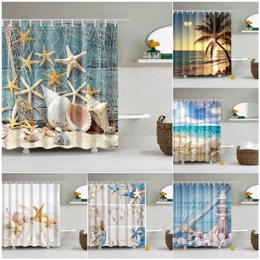 Seaside Scenic Beach Shells Zasłony prysznicowe Starfish Conch Blue Board Palm Trees Sunset Nature Scenery Bathroom Curtain Decor