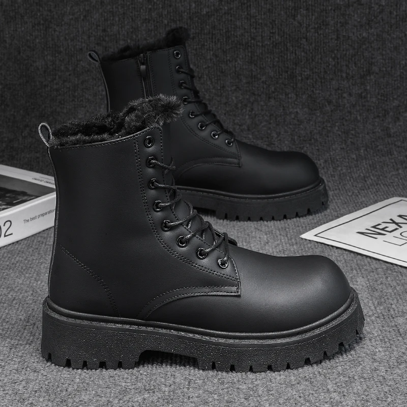 

Winter Fleece Men's and Women's High-top Solid Color Large-size Lace-up Outdoor Versatile Leather Boots Little Black Shoes