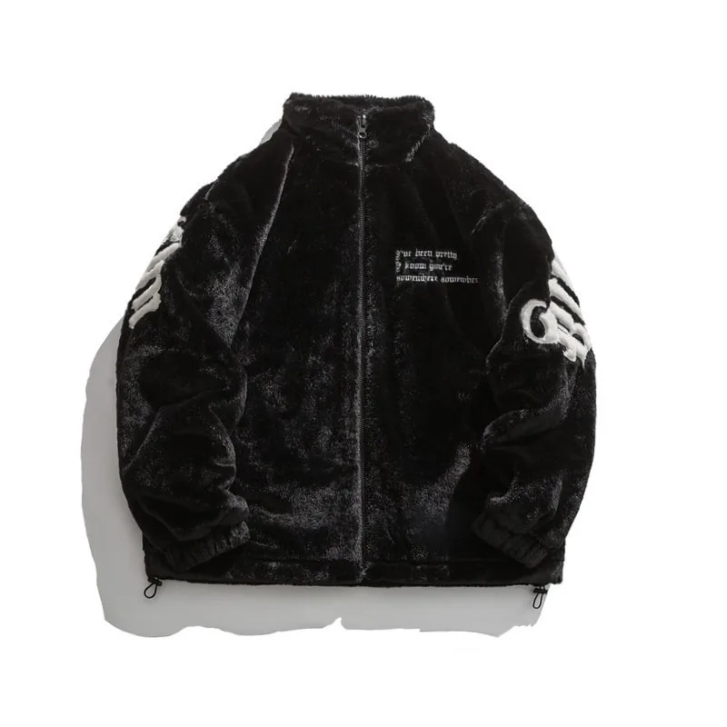 Men's High Street Letter Embroidered Plush Stand Up Collar Jacket Winter Thick Warm Oversized Loose Zipper Coat Y2k Streetwear