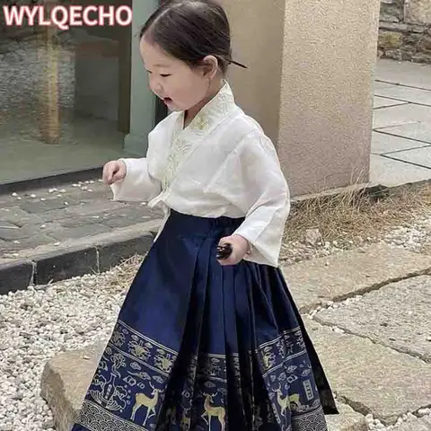여아용 중국 한푸 드레스, 전통 자수 말 얼굴 스커트, 공주 한복 드레스, 2023 여름 신상