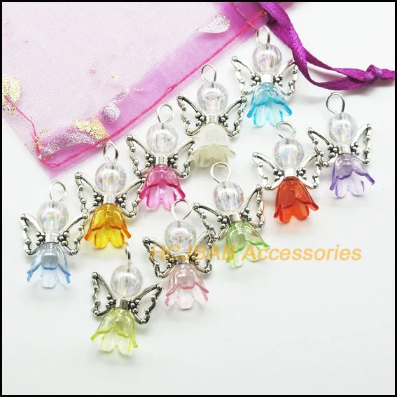 20Pcs Silver Plated Transparent Mixed Acrylic Orchid Flower Bell Angel Charms Pendants 22x25mm