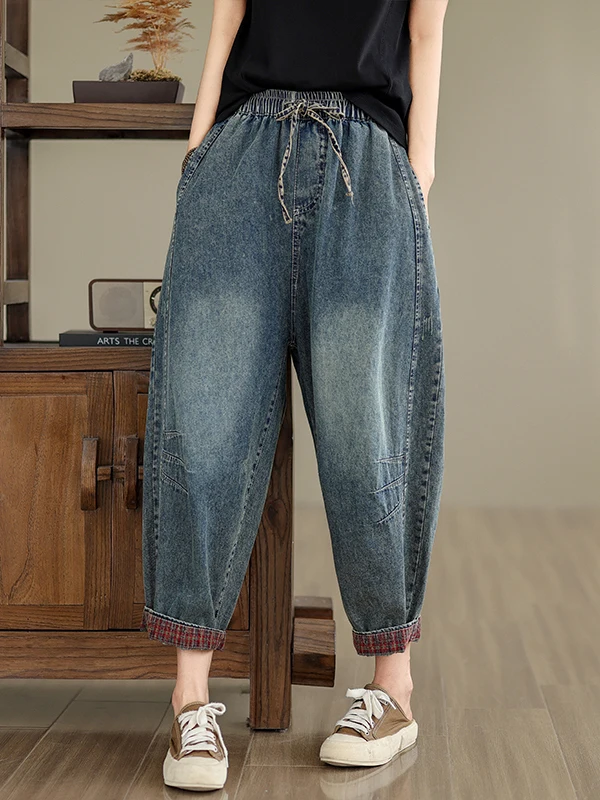 Jeans da donna retrò in cotone pieno Patchwork di colori estivi Pantaloni di cavolo a nove punti Pantaloni Harlan Pantaloni a gamba dritta a vita alta