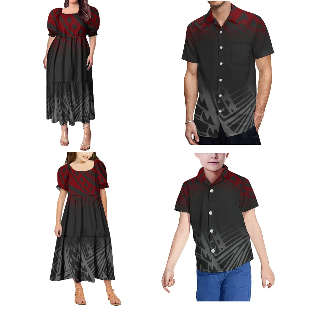 High Quality Custom Tapa Polynesian Family Matching Clothing Couple Clothing Women'S Puffed Sleeve Midi Dress And Men'S Shirt