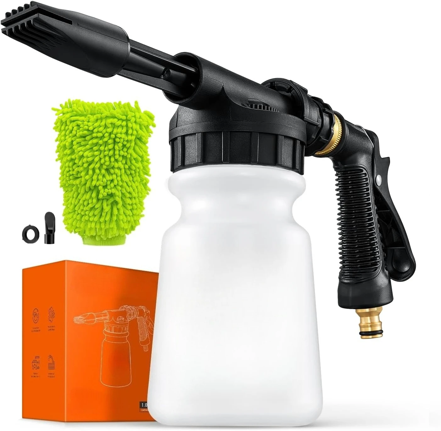 

Пеногенератор для мойки автомобилей, быстро подключается к большинству садовых шлангов, в комплекте универсальный шланг 3/4 дюйма и быстросъемный соединитель 3/8 дюйма.