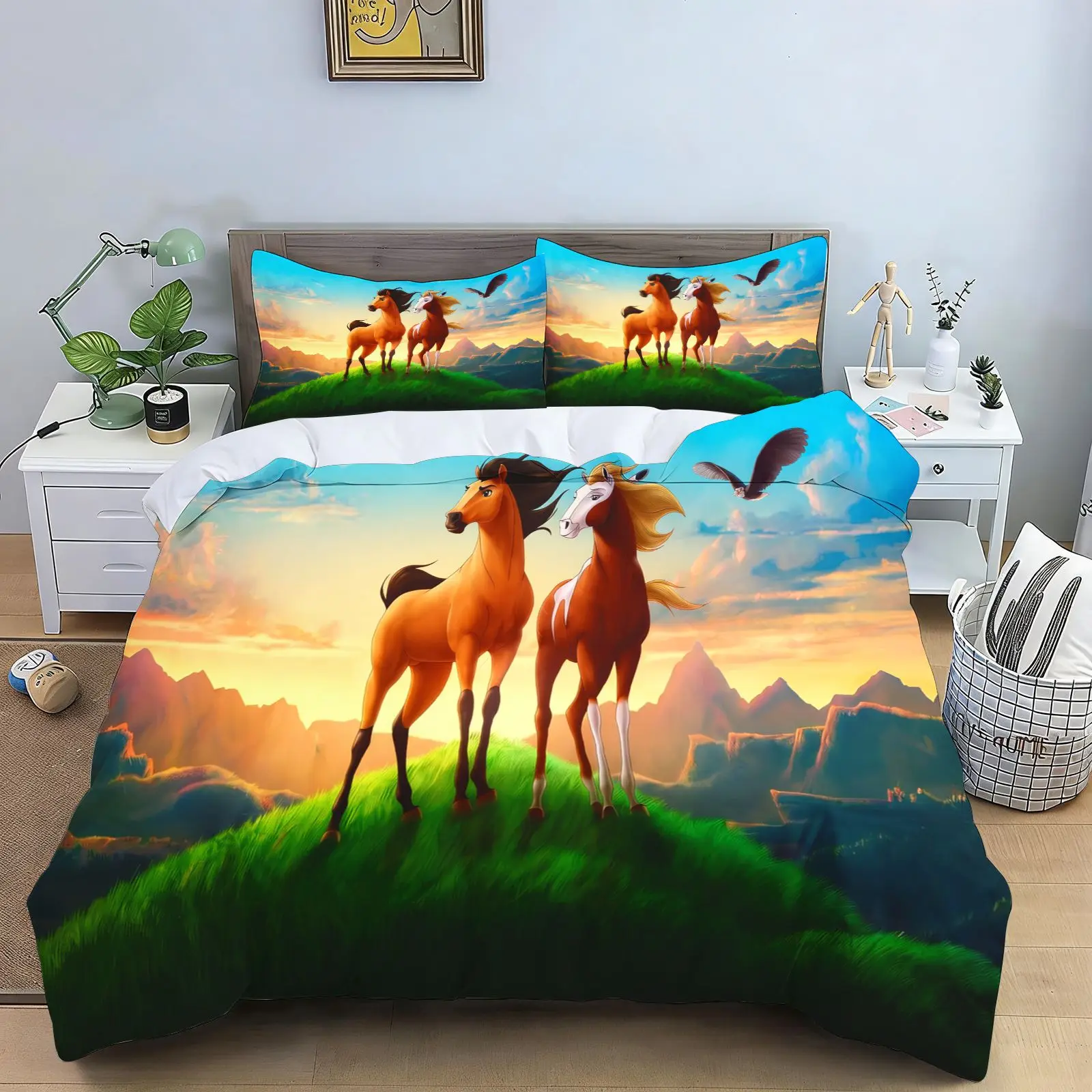 Spirit Riding Free Cartoon Horse Bedding Set Running Horses Print Duvet Cover Pillowcase Soft Kids Bedroom Bed Linens