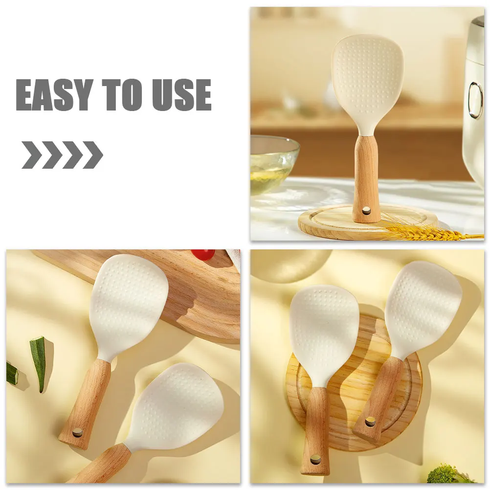 

Silicone Rice Spoon Wooden Handle Non-Slip Rice Paddle Scoop Kitchen Utensils Practical Cooking Ladle Serving Spoon