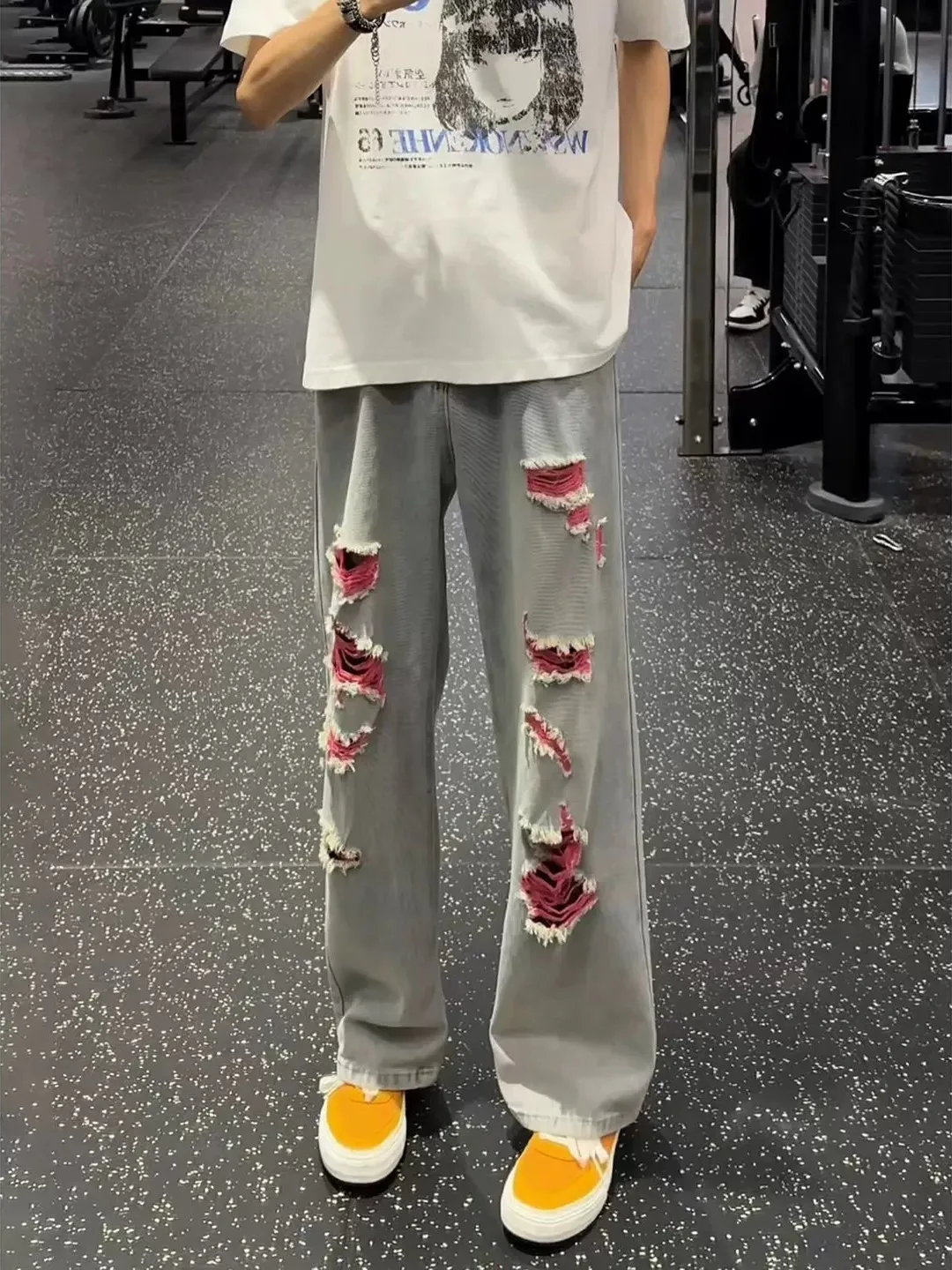 

American High Street Color Block Hole Denim Jeans Men's Summer Trendy Straight Leg Bell Bottoms Worn Resistant Cotton Blend