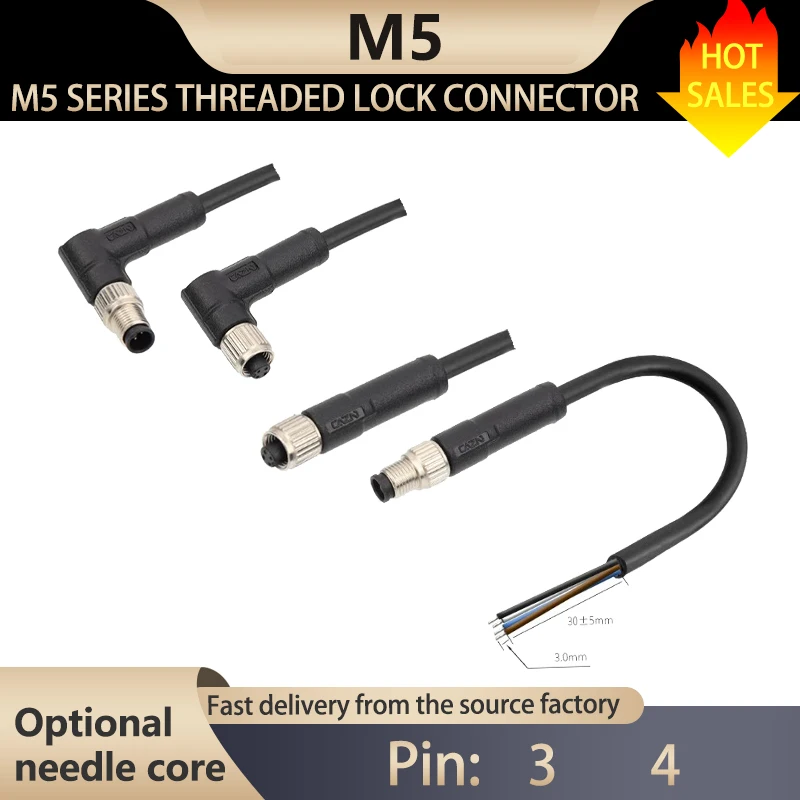 M5 circular injection molded connector with cable, 3-core 4-core male and female data transmission IP67 protective aviation plug