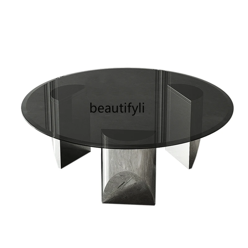 

Italian Modern Simple round Suspension Tea Table Stainless Steel Silent Style Gray Glass round Table