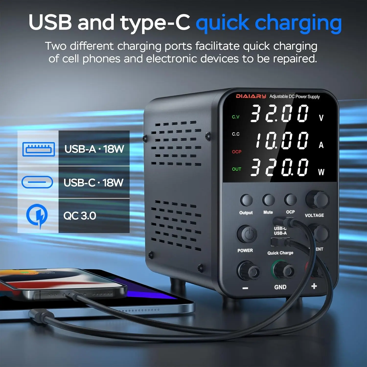 32V 10A Adjustable DC Power Supply, Switching Regulated with USB Charging & Precision Encoder