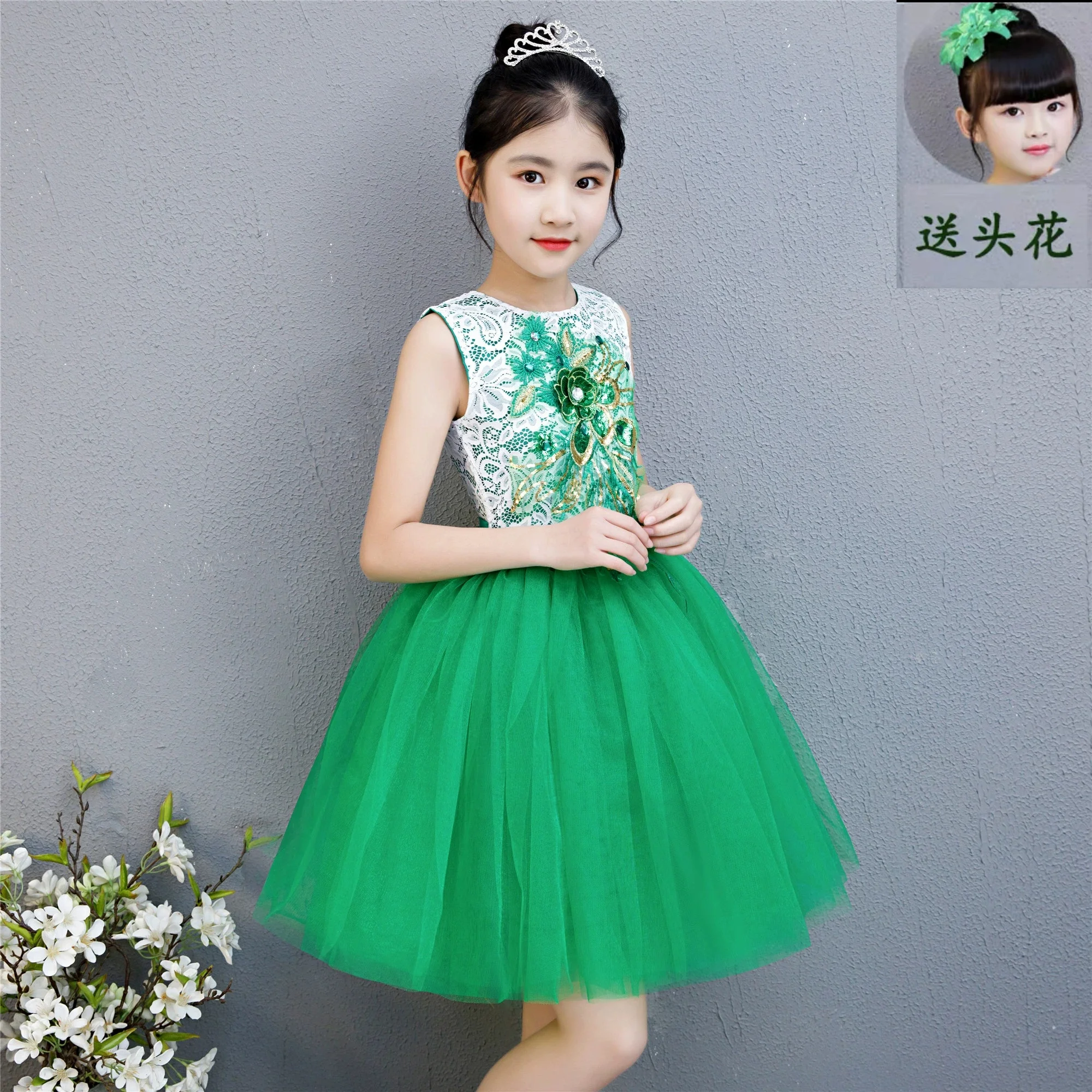 Modern Green Dance Dress for Girls Sequin Lyrical Contemporary Freestyle Grass Flower Dance Costume Girls - view 5