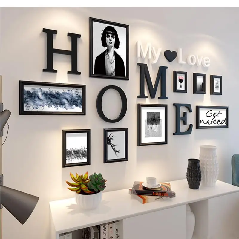 

Nordic Style 9 Pieces / Set of Black White Retro Photo Frame Letter Pattern Wooden Photo Frame Square Photo Frame Home Decoratio