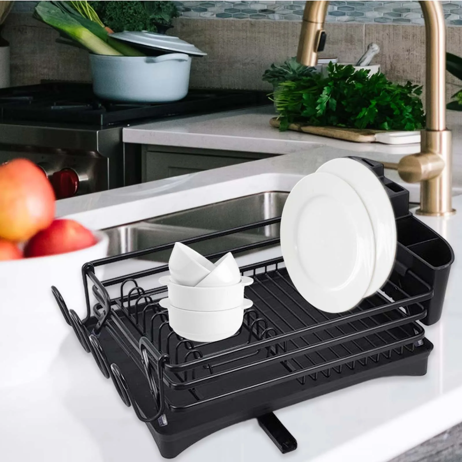 Bowl Cup Plate Kitchen Dish Rack Drainer Tray with Sink Drainer Space Saving Dish Rack Drying Stand for Cabinet Countertop