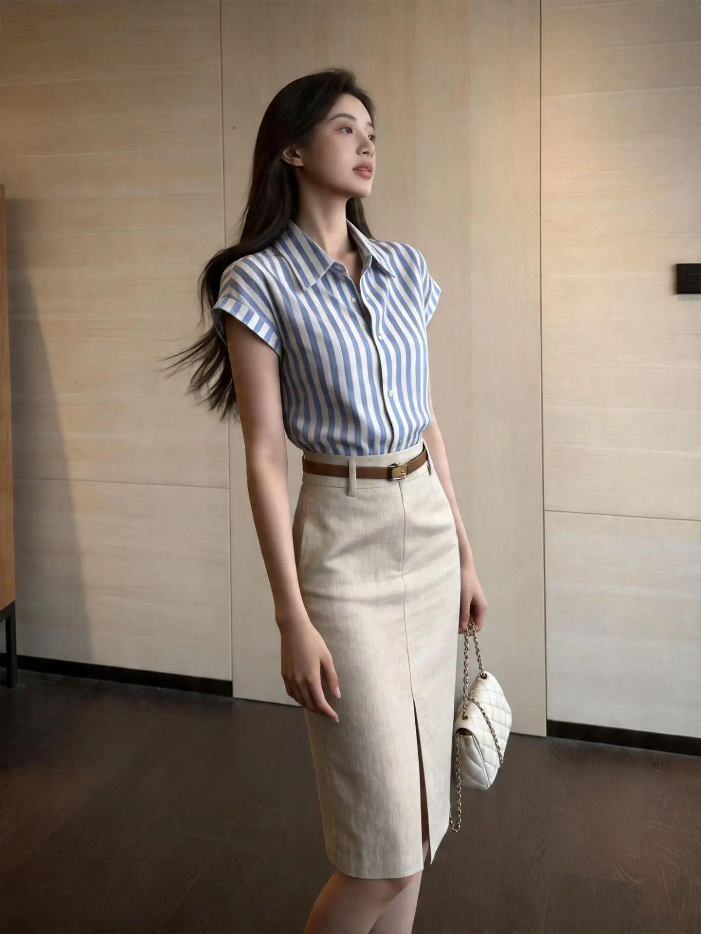 Women's Stripe Shirt Skirt Set Commute Professional Clothing Short Sleeve Two-Piece Suit Summer New Arrival Small Size