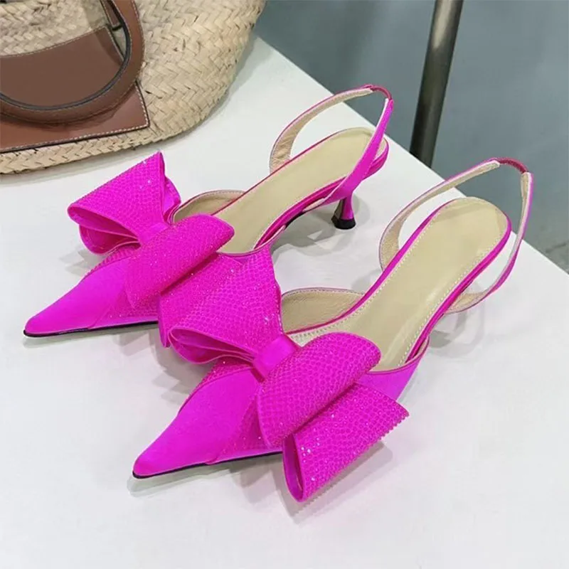 

Sexy High Heels Women Pumps Rhinestone Butterfly-knot Party Shoes Woman Pointed Toe Satin Kitten Heels Summer Sandals Women