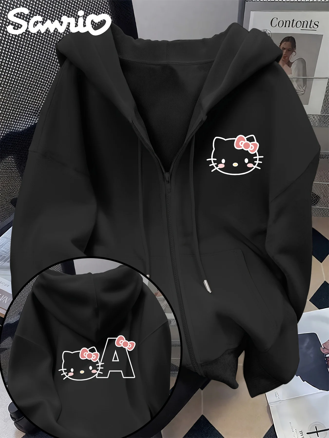 Felpa con cappuccio Hello Kitty da donna, simpatico fiocco rosa e stampa viso Hello Kitty sul retro, morbido pullover con cappuccio