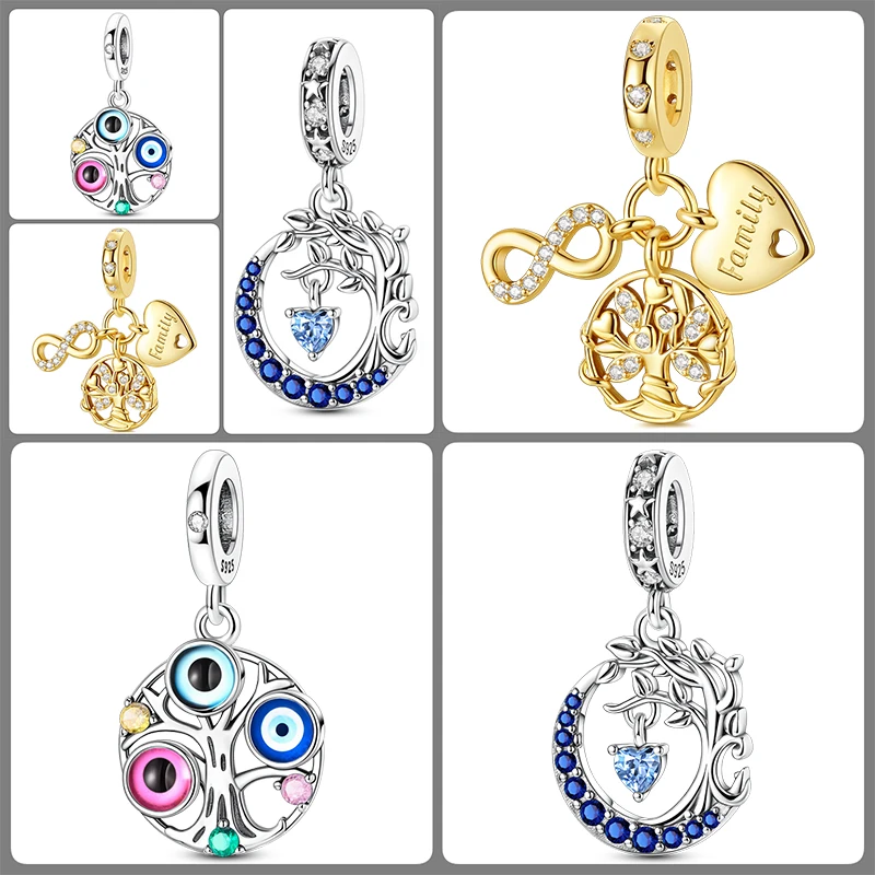 3-teiliges 925 Sterling Silber Lebensbaum-Charm-Set Familienbaum Herz Mond Sonne Schmetterling DIY Original Armband Halskette für Frauen – Detail 7