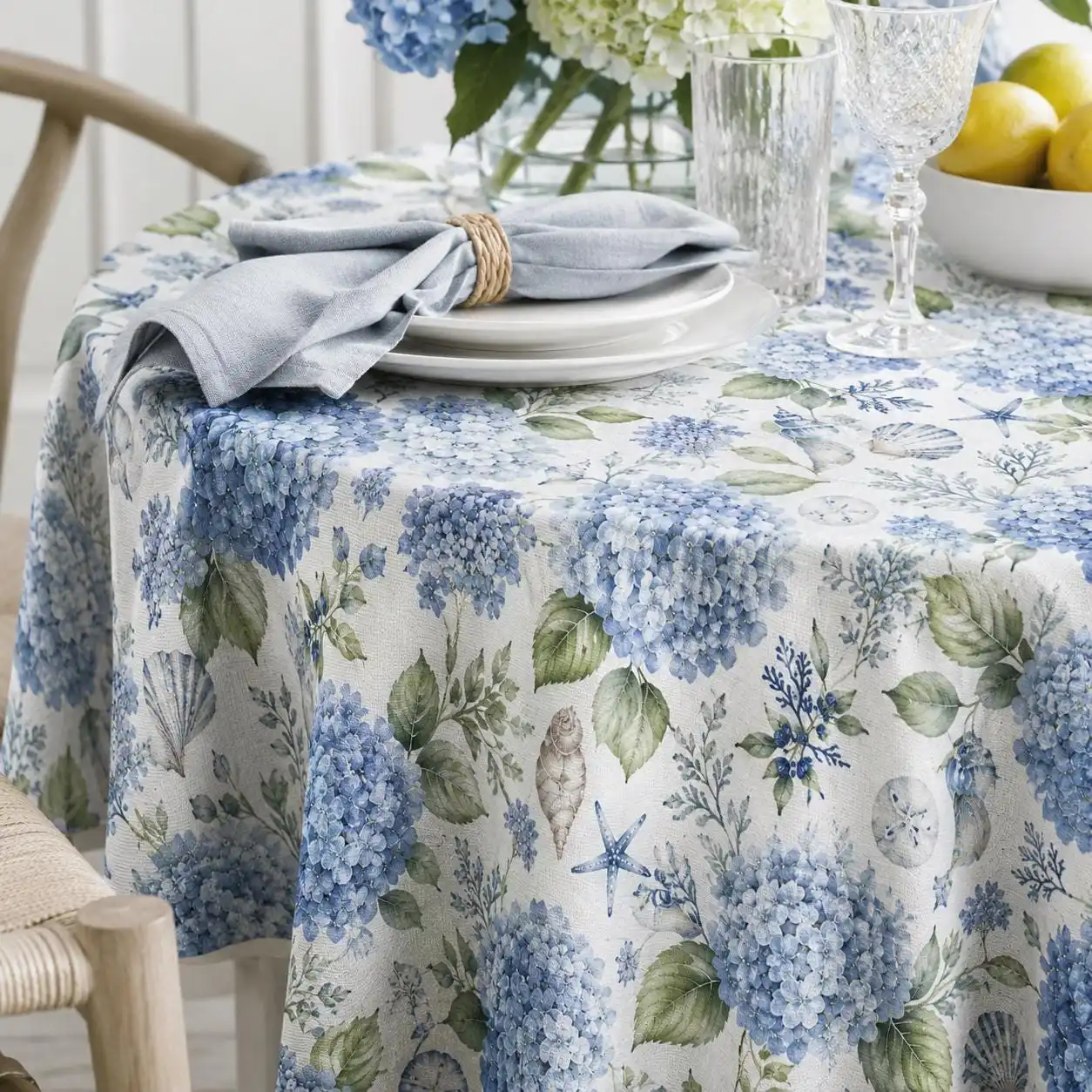 1pc 2D Flat Blue Hydrangea Floral Tablecloth, Coastal Beach House Cottagecore Home Dining Table Decor