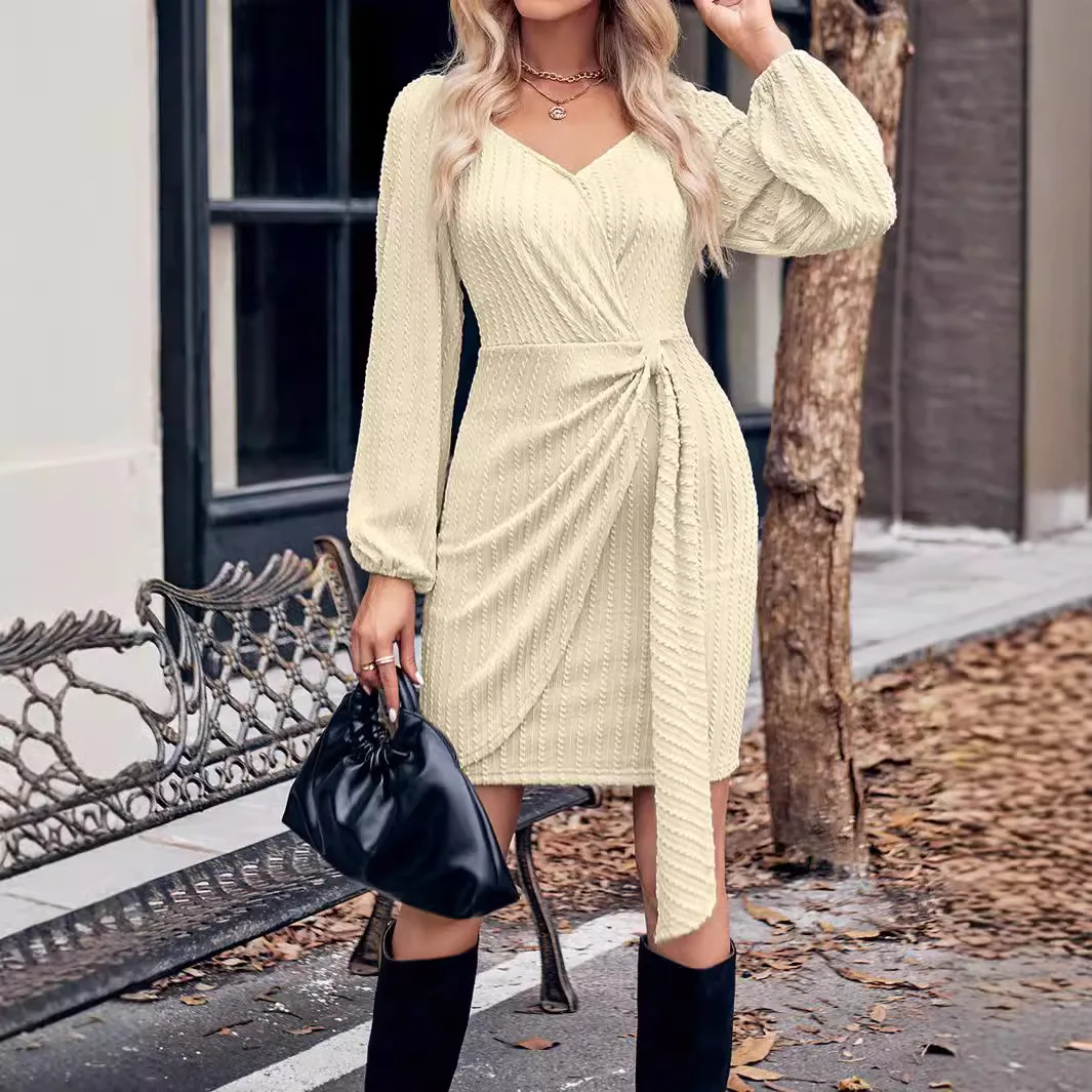 Women's Solid Color Novel V Neck Dress Long Sleeve Tie Waist Casual Dress Cute Short Dresses