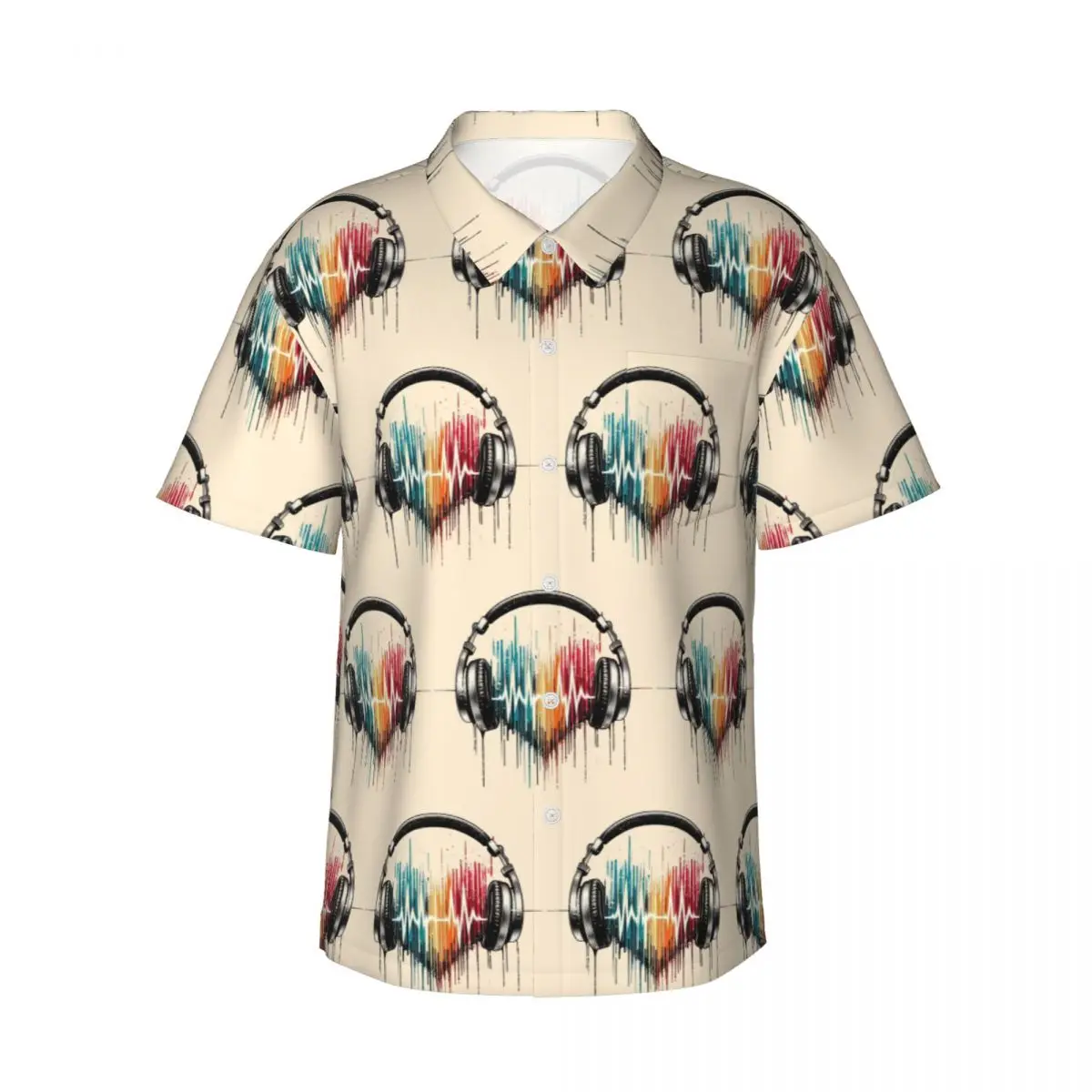 Heart Shaped Music Note With Headphones Men's Shirts Hawaiian Short Sleeve Shirt Fashion Button Tops for Summer Beach