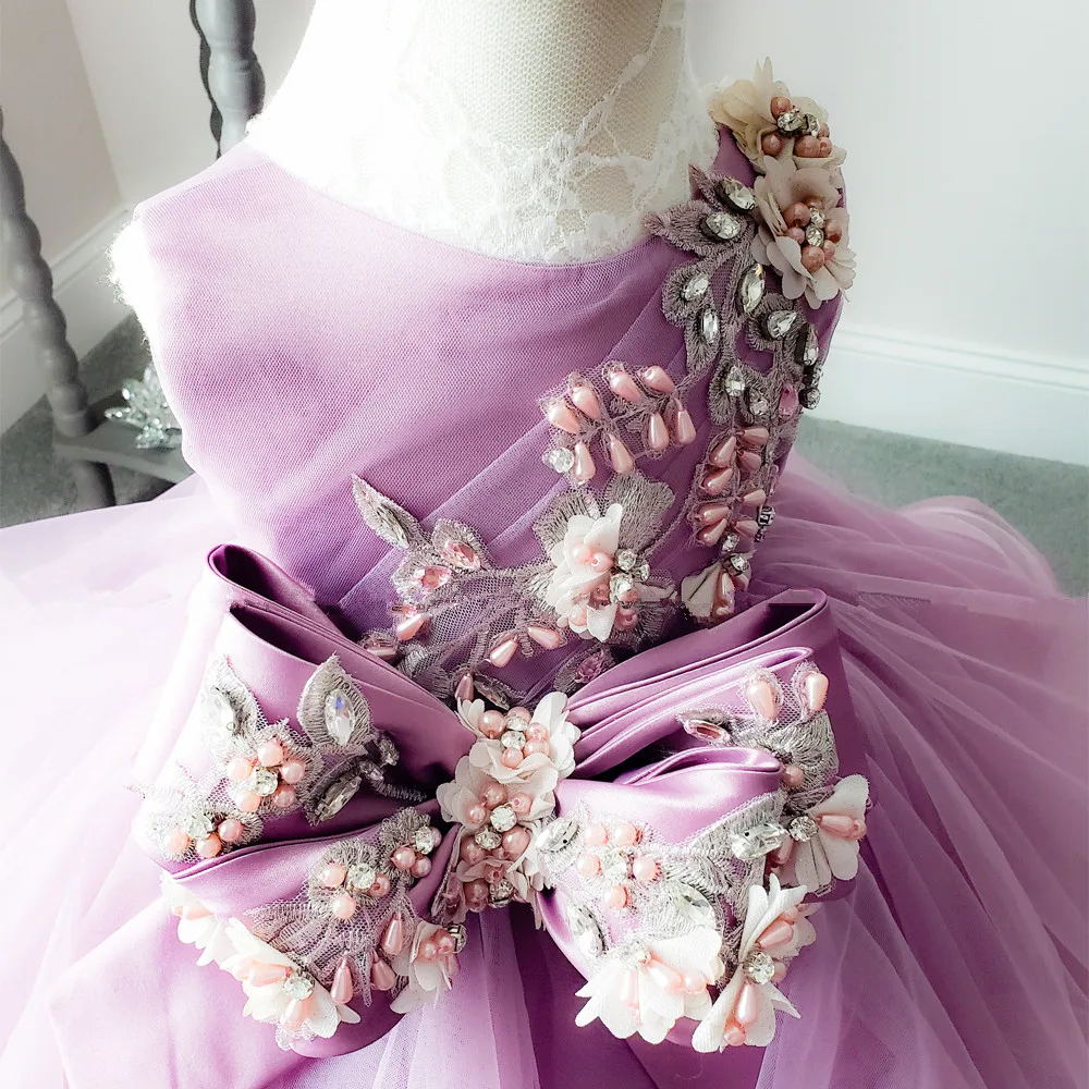 Roze Baljurk Bloem Meisje Drop Hals Ruches Tulle Puff 3D Bloemen Meisjes Verjaardag Feestjurken Backless Kids Pageant gown