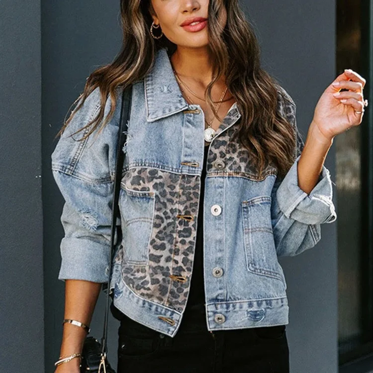 Spring New Leopard Stitching Denim Jacket Women Fashion Female Outerwears Long Sleeve Lapel Button Down Chest Pocket Female Coat