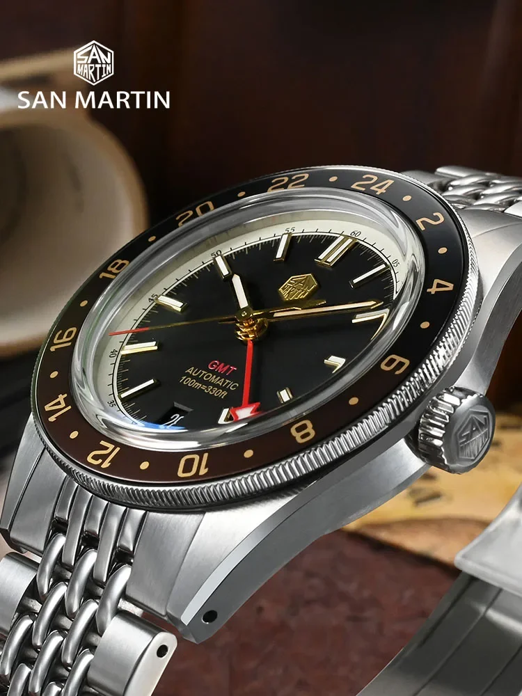 San Martin New 39.5mm NH34 GMT Men Watch Bidirectional Aluminum Bezel Luxury Automatic Mechanical Sapphire 10Bar Luminous SN0116