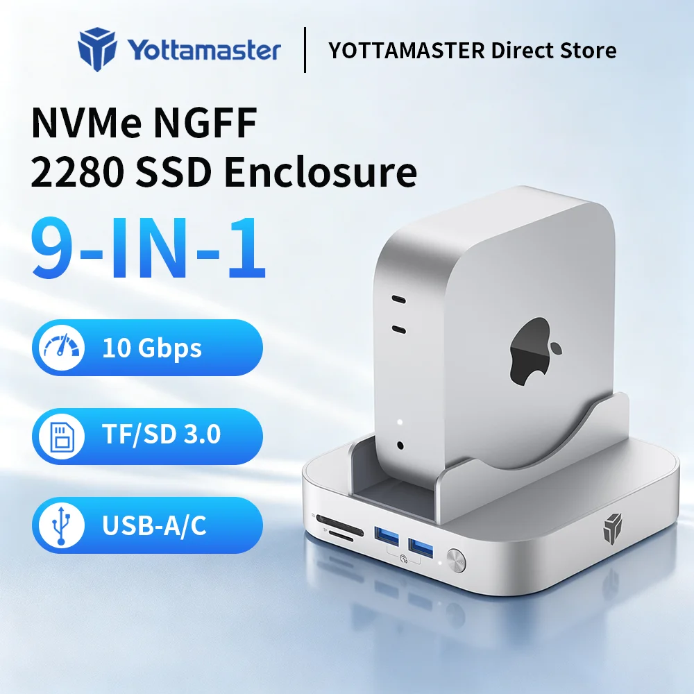 Yottamaster Vertical 9-IN-1 Mac Mini M4 Hub NVMe NGFF 2280 SSD EnclosureUSB A 3.2 Audio Mic SD/TF 3.0 USB-C Hub for Mac Mini M4