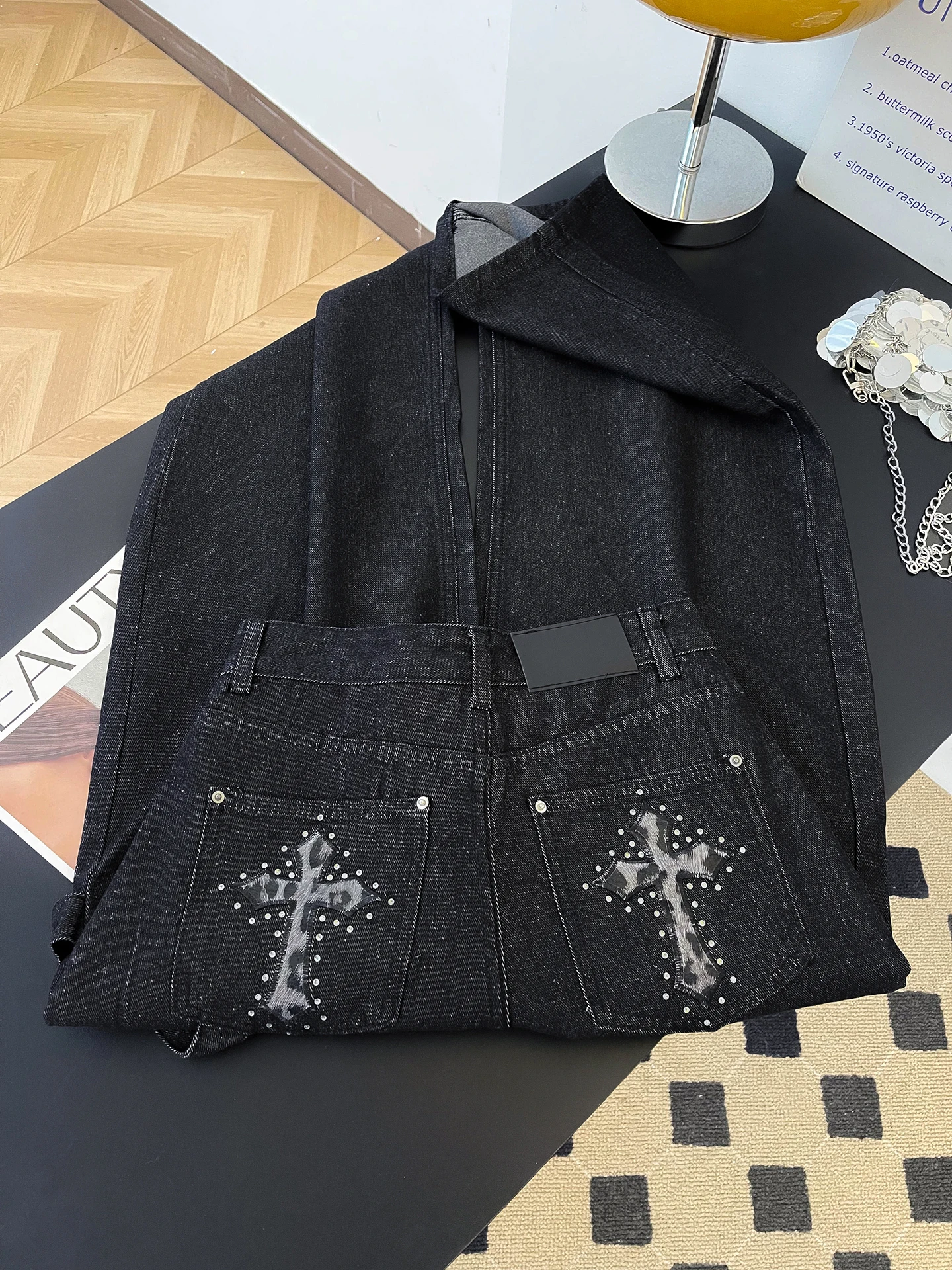 

American Leopard Print Cross Blade High Waist Loose Women's Jeans Spring High Street Wide Leg Floor-Length Pants