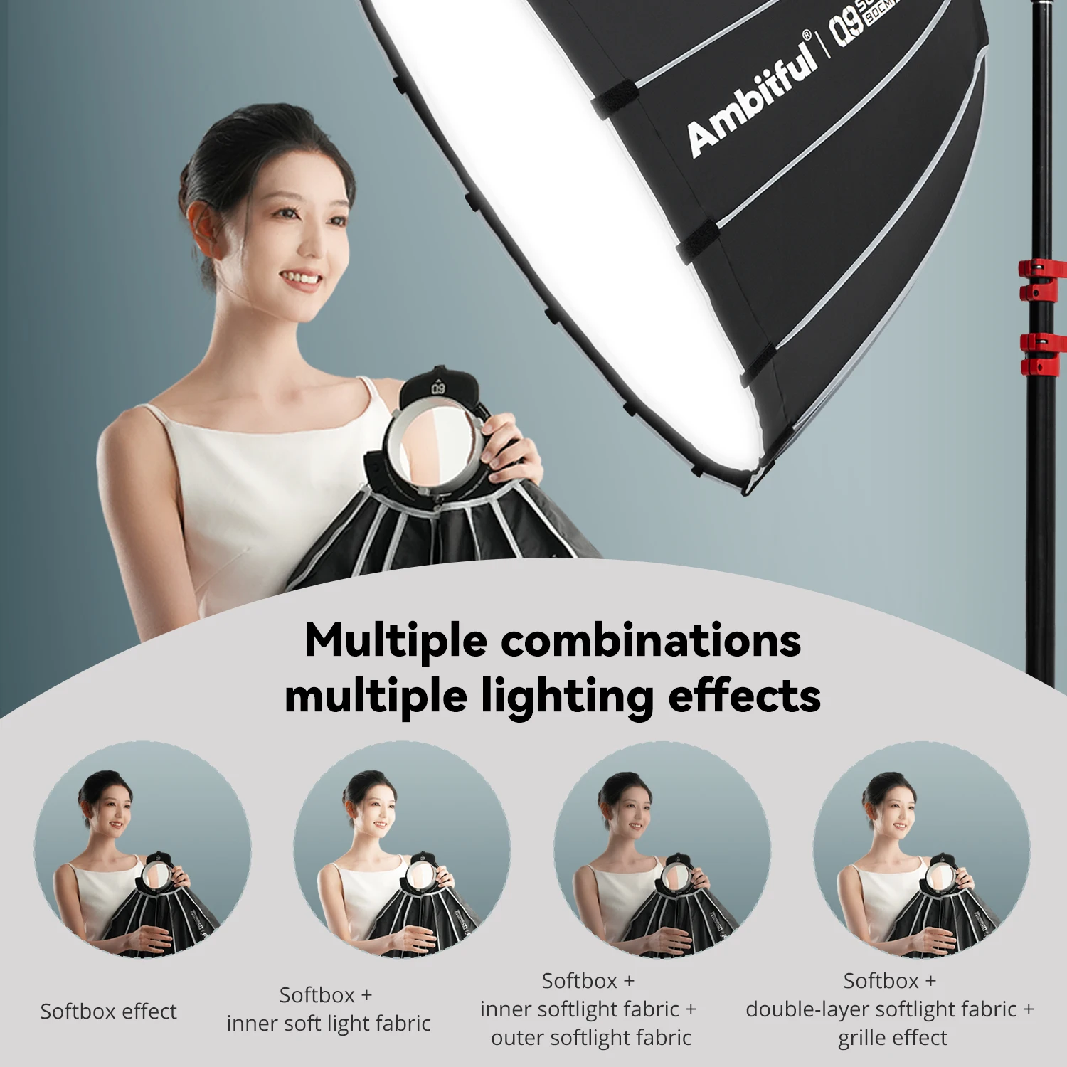 AMBITFUL Q9 60cm 90cm 120cm Bowens Mount Parabolic Softbox Deep Quick Set-up Softbox With Grid for Godox
