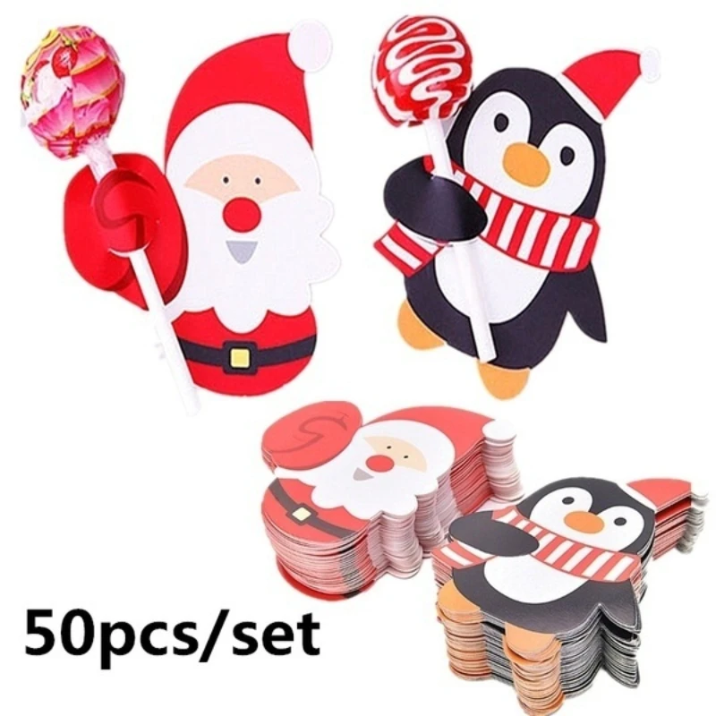 50Pcs/set Cute Gift Package Decor Cards Lovely Penguin and Santa Claus Christmas Candy and Lollipop Decoration Paper Cards