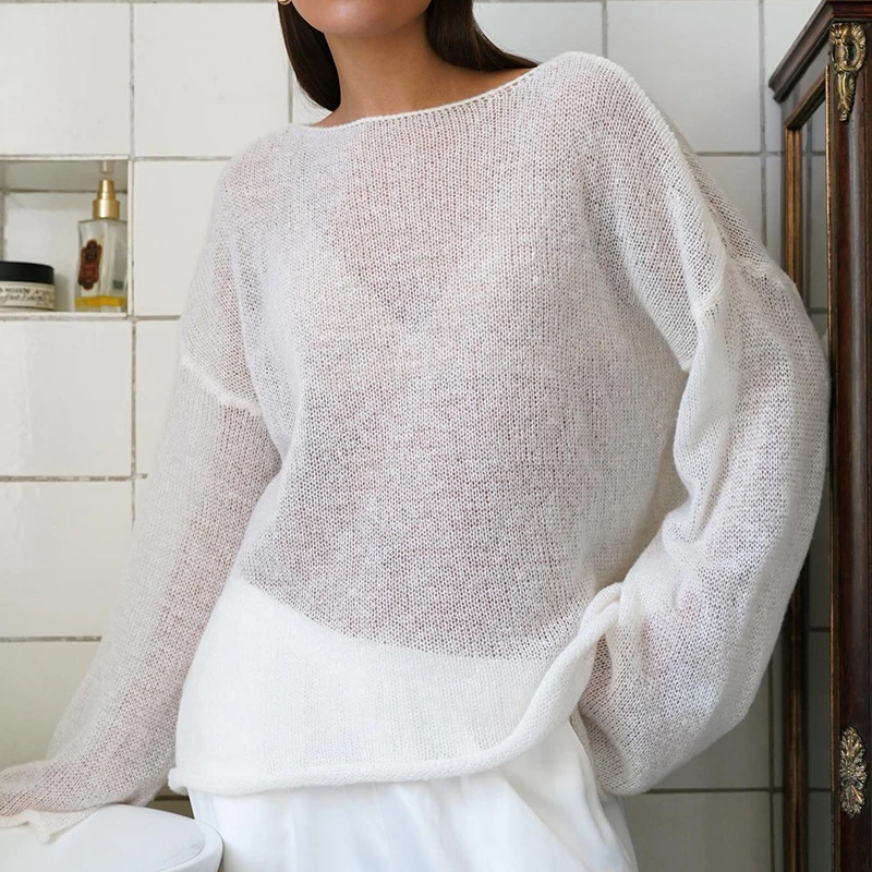 2024 New Women AutumnThin Sweater O-Neck See Through Mohair Sweater Tops Women Pullovers Fashion Sweater Pull Femme