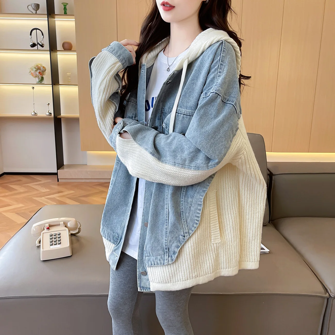 

Cardigan Women Sweaters Coats Hooded Jackets Casual Loose Full Sleeve Jumpers Y2k Streetwear Knit Denim Splice Autumn Winter