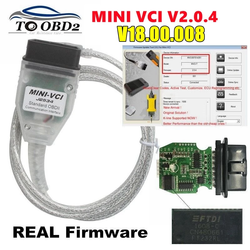 MINI VCI New Real Firmware V2.0.4 Latest Version V18.00.008 For Toyota j2534 K+DCAN Supports K-Line MINI-VCI HW 2.0.4 FT232RL