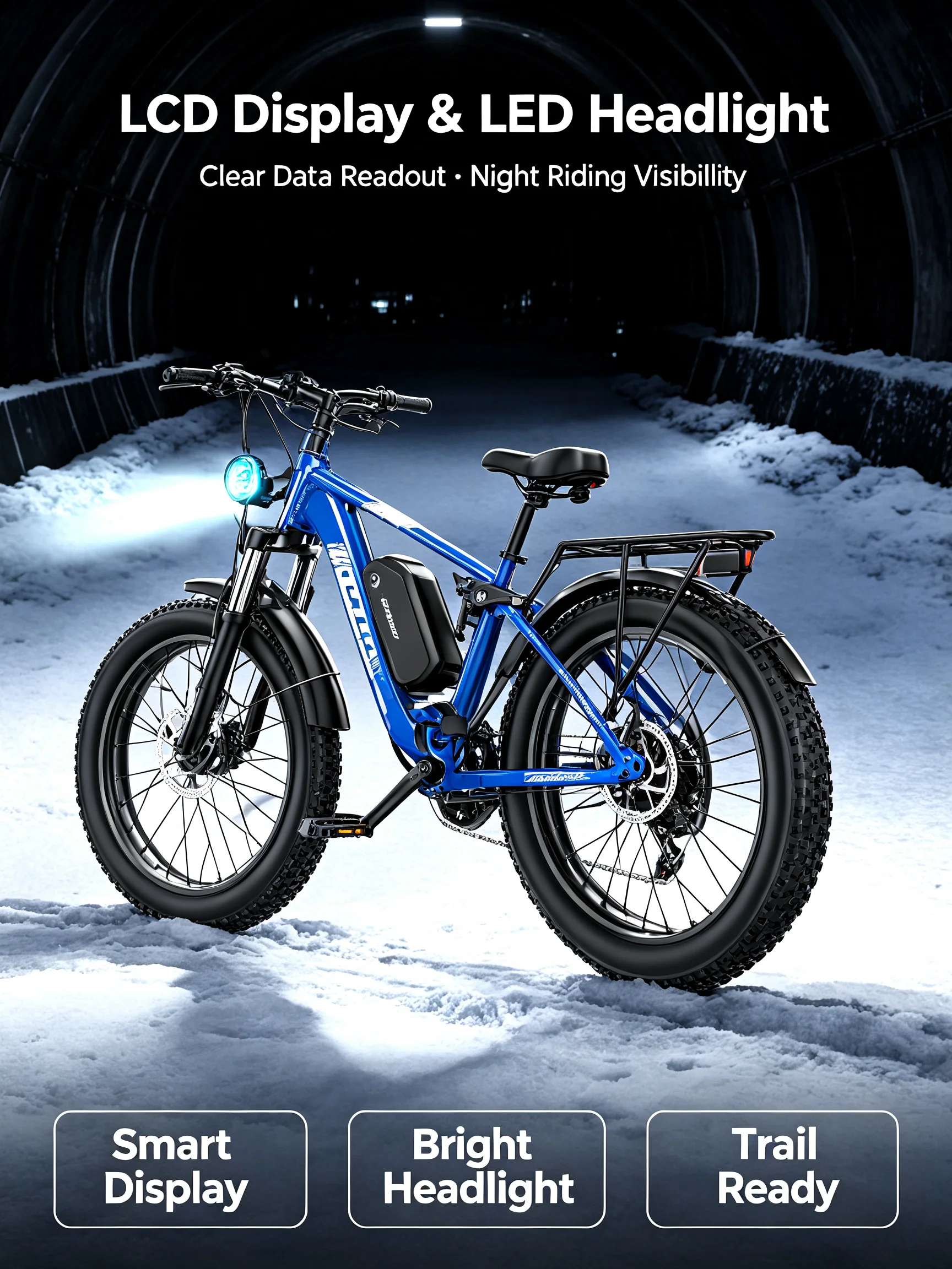 COASTA CT8 Blue 26"×4.0 Fat Tire Electric Bike Dual Motor Full Suspension E‑Bicycle 3000W Peak 60V Removable Battery Hydraulic Disc Brake Shimano 7‑Speed LCD Display LED Headlight Max Load 150KG For Snow Beach Mountain Off‑Road Riding view 7