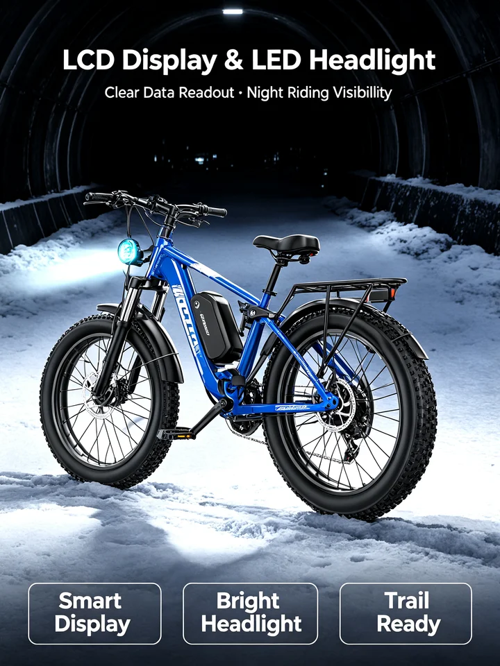 COASTA CT8 Blue 26"×4.0 Fat Tire Electric Bike Dual Motor Full Suspension E‑Bicycle 3000W Peak 60V Removable Battery Hydraulic Disc Brake Shimano 7‑Speed LCD Display LED Headlight Max Load 150KG For Snow Beach Mountain Off‑Road Riding image 7