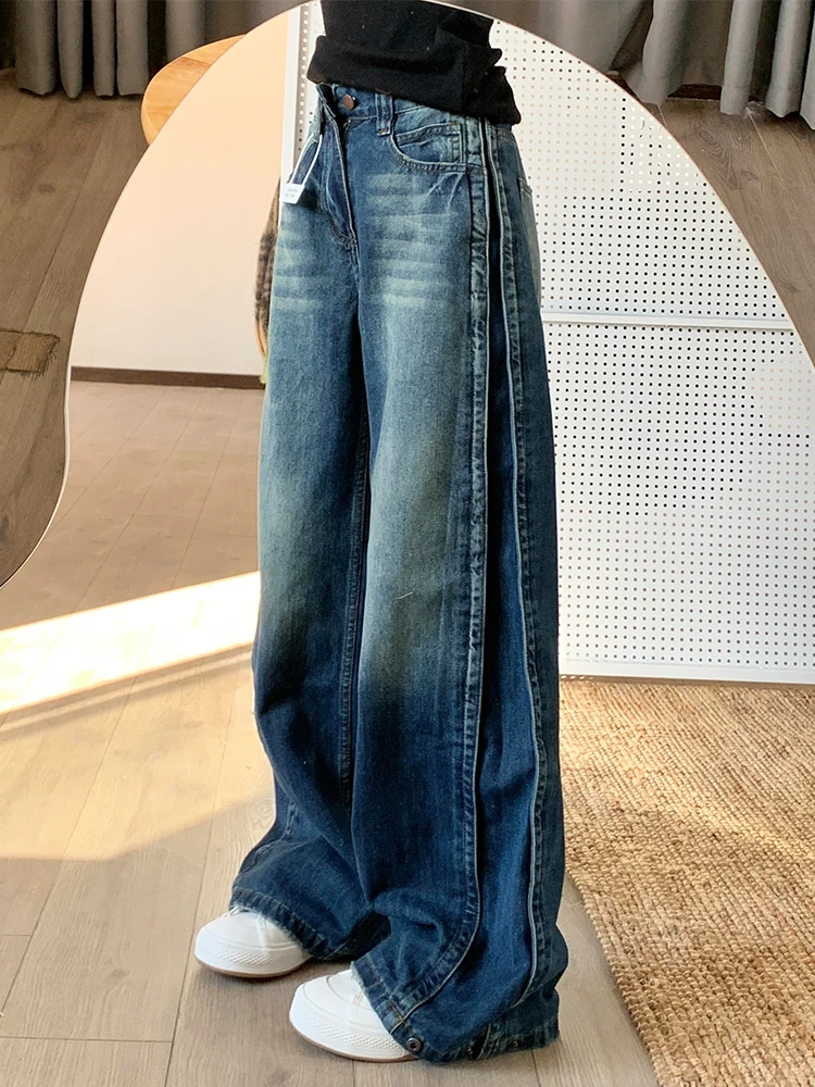 Blue Women's Jeans Hip-hop Fashion Vintage Streetwear Y2K Wide Leg Straight Jean High Waist Trouser Classic Baggy Denim Pants