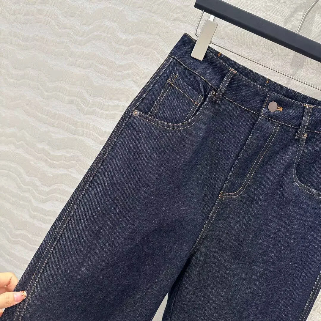 Fashion Design Navy Blue Loose Wide Leg Jeans Women High Waist Zipper Pockets All-matched Vintage Denim Pants