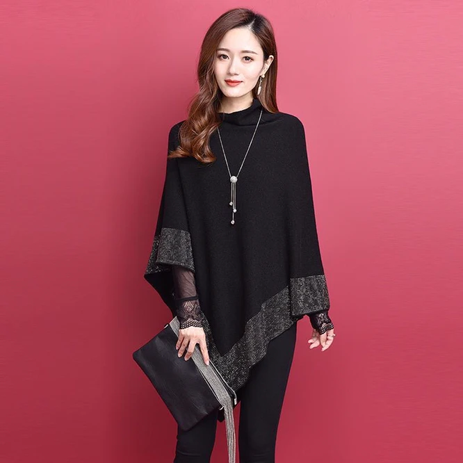 New Autumn Fashion Winter Diamonds Knit Shawl Cloak Loose Plus Size Solid Woman Poncho Cape Pullover Sweater Black