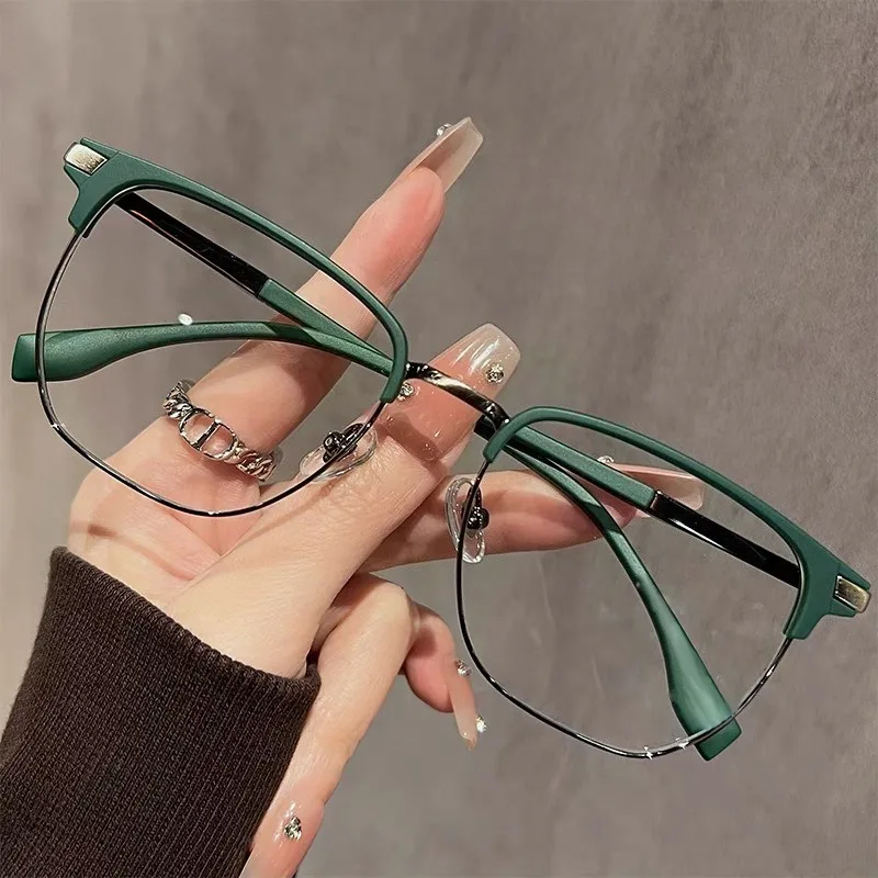1pcs New Large Square Half Frame Anti-Blue Light Glasses, Premium Metal Business Eyewear Unisex