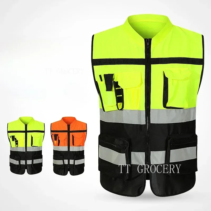 Reflective Safety Vest for Men Work Vest with Pockets and Zipper Safety Construction Two Tone Workwear Vest