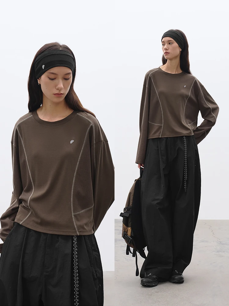 

Loose Casual round Ne ort Box T-irt Women's Sport Spring 2026 Tee Needle Five Line f round Me Splicing Design