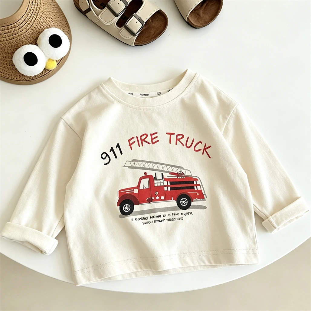 Printing Tees Kids Casual Loose TShirts New Pure Cotton Clothes Toddler Little Car Printed Tops Child Long-sleeved Pullovers view 4