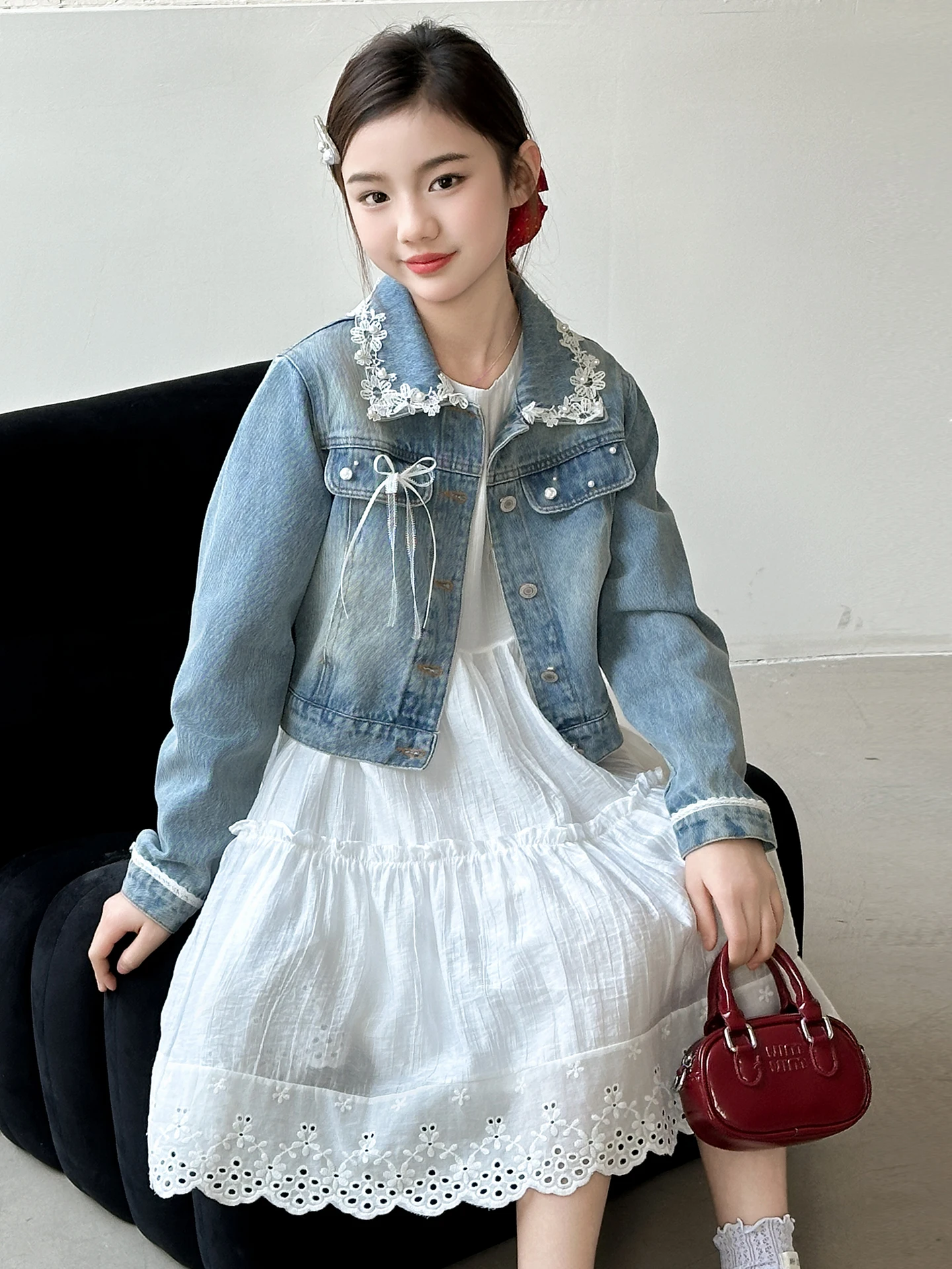 girls-spring-lace-trim-denim-jacket-and-cake-skirt-two-piece-set-fashionable-cute-children's-clothing-cotton-polyester-blend