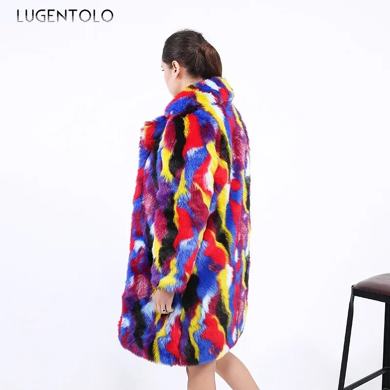 Women Faux Fur Warm Coat Autumn Winter Colorful Faux Fox Fur Long Jacket Female Fashion High Quality Lapel Cloth Available 4XL